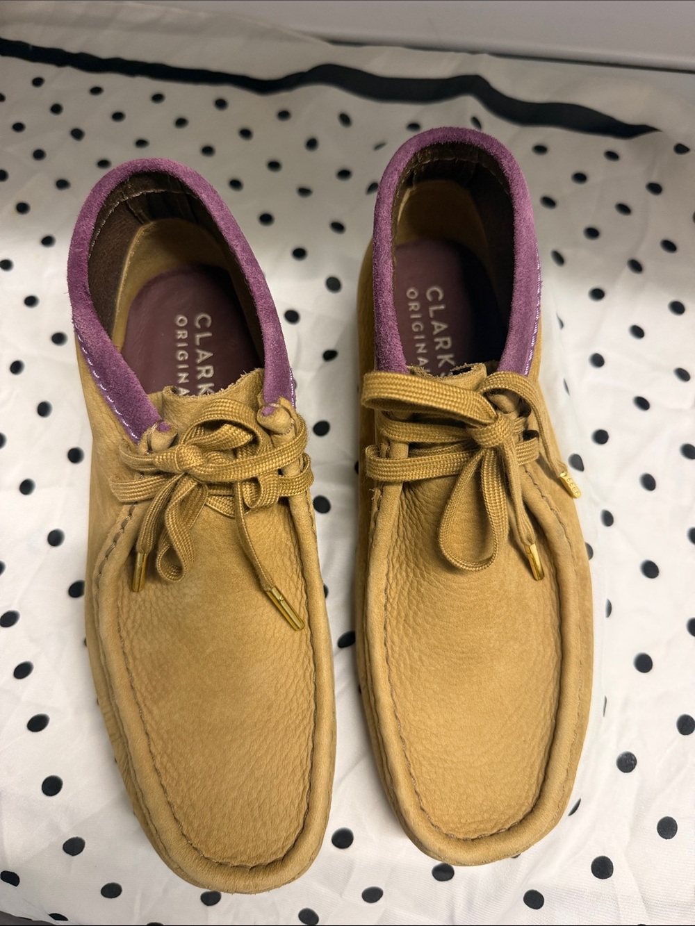 Clarks Tan Suede Ankle Booties with Purple Collar